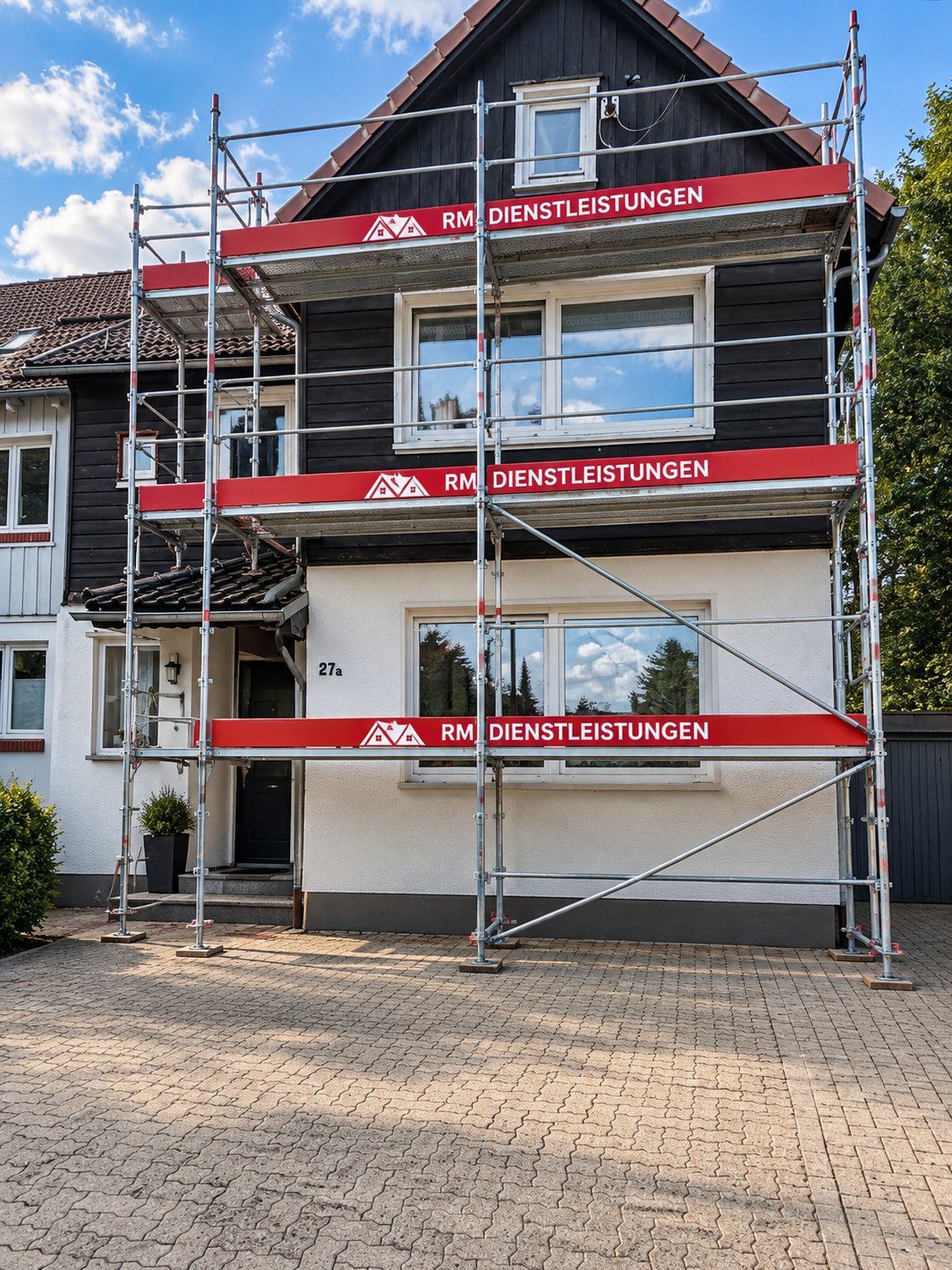 Eigenes Gerüst von RM Dienstleistungen an einer Hausfassade, Bordbretter mit Firmenlogo