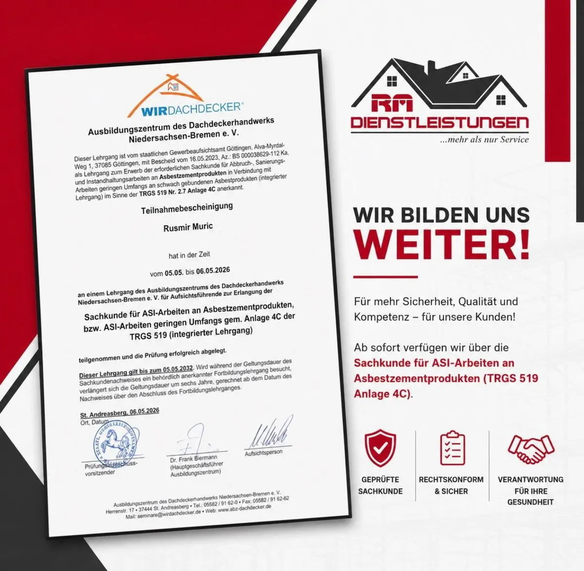 Grafik des Betriebs: Weiterbildung, Sachkunde für ASI Arbeiten an Asbestzementprodukten nach TRGS 519 Anlage 4C